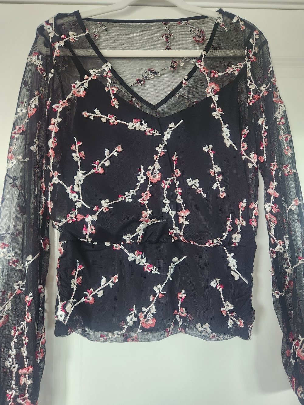 White House Black Market Black Sheer Embroidered Floral V-Neck Blouse - Picture 7 of 10